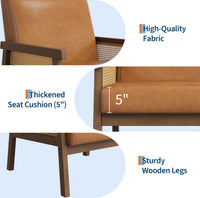 Garvee Mid Century Modern Accent Chair, PU Leather Living Room Chair with Sturdy Wood Legs, Thickened Seat Cushion and PE Rattan Woven Decoration, Armchair for Bedroom, Reading Room, Orange