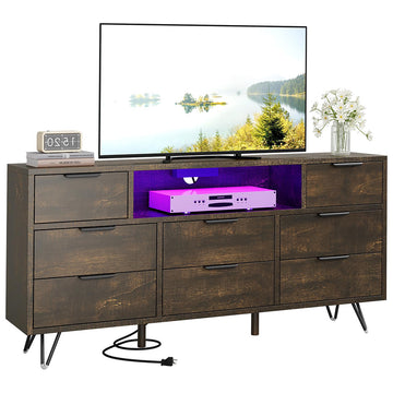 Garvee 8 Drawer Dresser TV Stand with Power Outlet & LED Light, Modern Wood Chest of Drawers for Bedroom, Living Room, Closet, Hallway