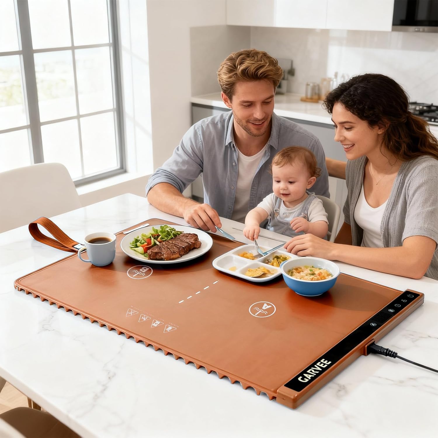GARVEE 2-Zone Heating Food Mat - 24"X15" Warming Mat for Food Rollable Full-Surface Warmer with 6 Temp Settings & 3H Timer, Anti-Slip Heat-Insulated Pad for Meals (Orange)