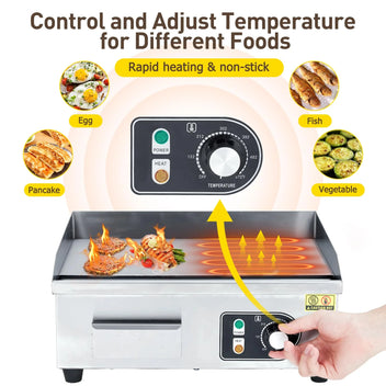 Garvee 14-Inch Commercial Electric Grill 1500 Watts Non-Stick Stainless Steel Adjustable Temp 122°F-572°F for Home & Restaurant(WITH PLUG)