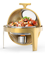 Garvee Roll Top Chafing Dish Buffet Set 6.3 Qt Round Stainless Steel Food Warmer Chafer with Glass Window Gold for Catering Parties Banquets