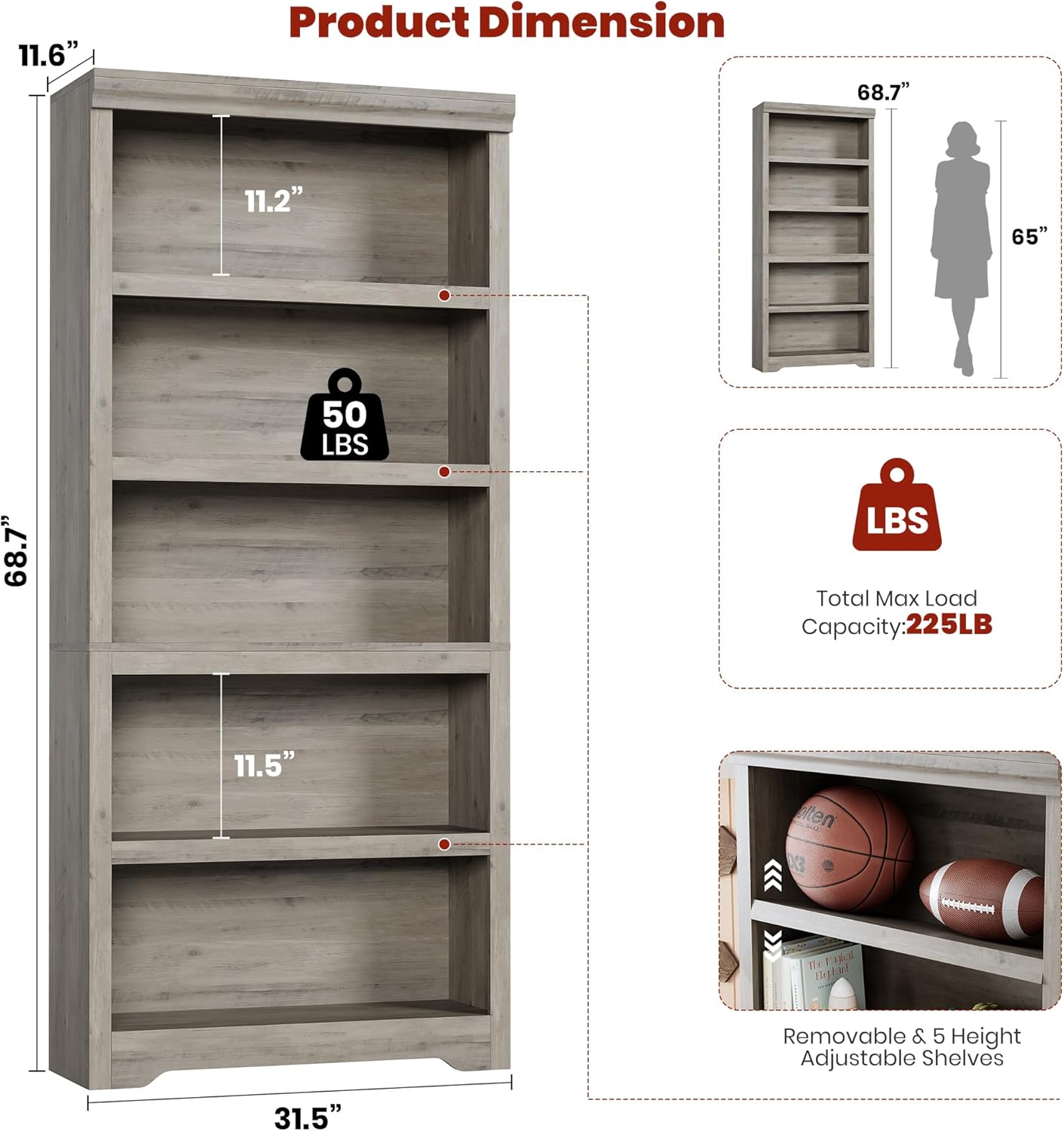 Garvee 5 Tier Bookshelf, 69" Tall Farmhouse Bookcase with Adjustable Shelves, 31.5" W Floor Standing Open Display Storage Rack with Anti-Slip Design for Home Office, Balcony, Library, Study / Living Room, Gray