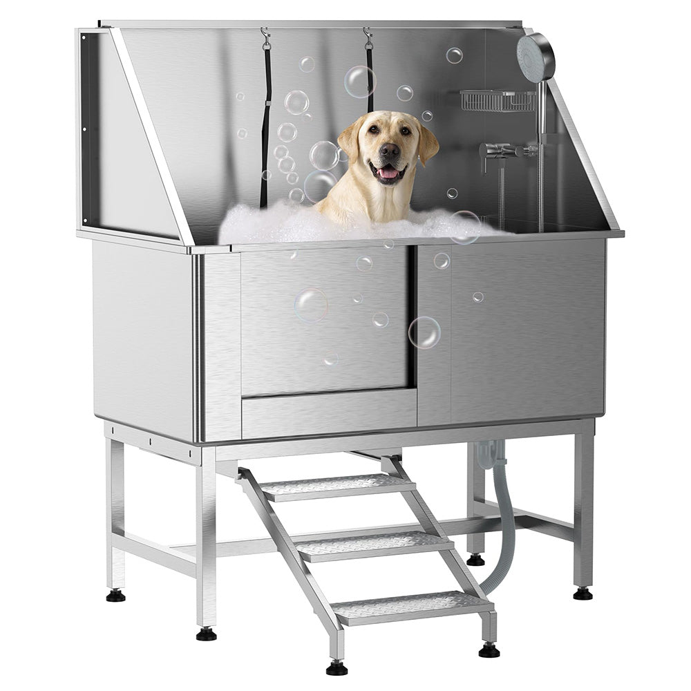 Garvee 50" Dog Grooming Bathtub, Professional Stainless Steel Pet Dog Bathing Station for Large Pets, Left Door & Stairs with Faucet, Sprayer, Drain
