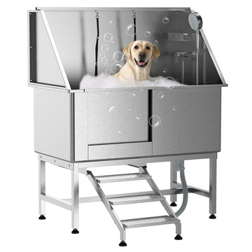 Garvee 50" Dog Grooming Bathtub, Professional Stainless Steel Pet Dog Bathing Station for Large Pets, Left Door & Stairs with Faucet, Sprayer, Drain