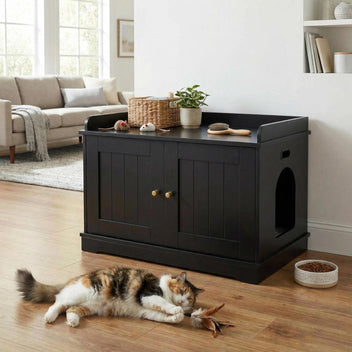 Garvee 31.5" Cat Litter Box Furniture, 2 Doors Cat Litter Box Enclosure for Most Cats, Hidden Cat Cabinet for Living Room Hallway, Smooth Surface & Quick Clean-Up, Black