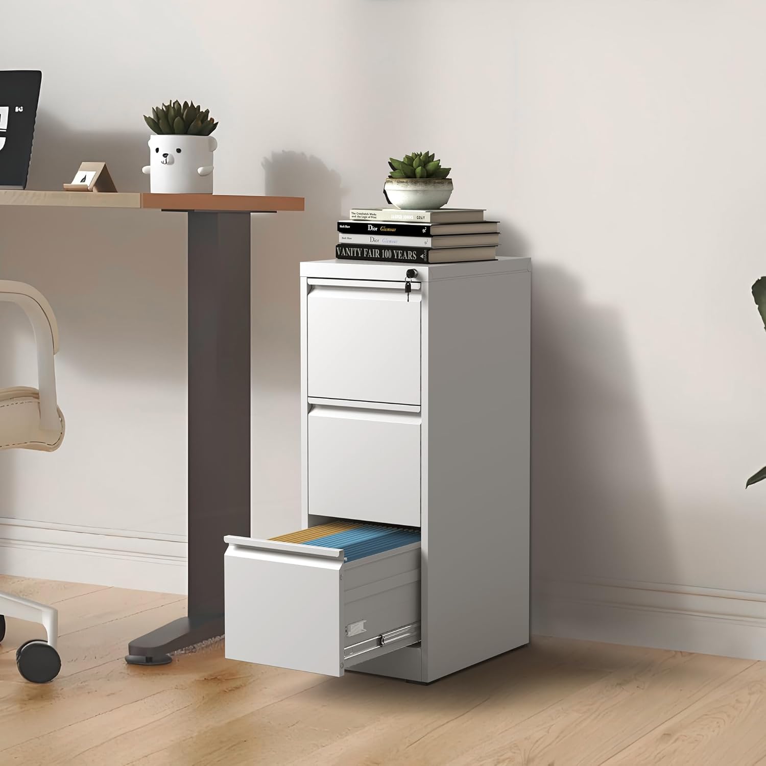 Garvee 3-Drawer File Cabinet with Lock, Heavy Duty Vertical Filing Cabinets for Home Office, Secure Locking Metal Steel Storage Cabinet for Letter/Legal Size File, Assembly Required, White