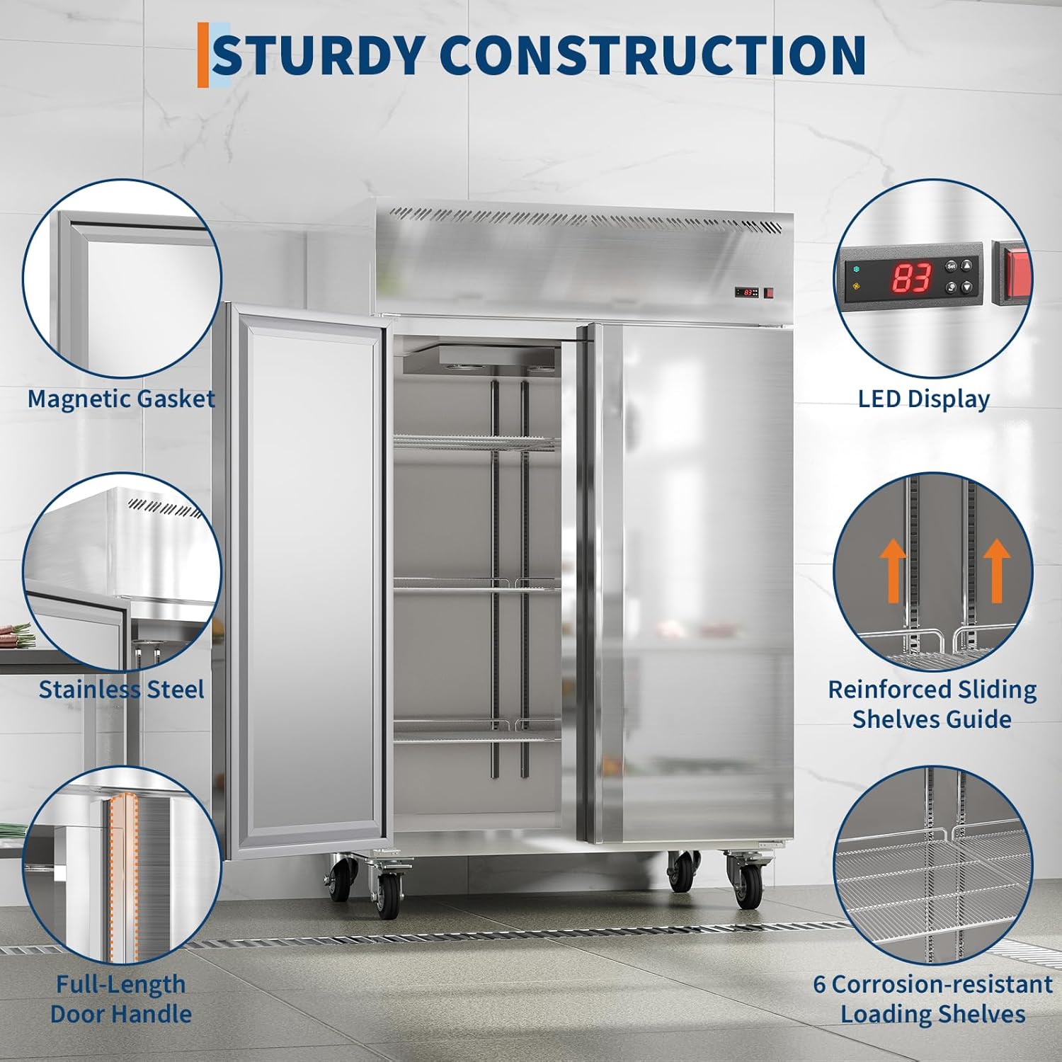 Garvee 48" W Commercial Refrigerator 33-41°F,Reach-in 36 Cu.ft 2 Door Stainless Steel Commercial Refrigerator Fan Cooling,6 Adjustable Shelves, Auto Defrost, for Restaurant,Bar,Kitchen,Shop