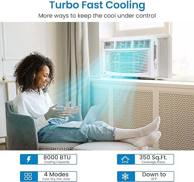 Garvee 8000 BTU Window Air Conditioner U-Shaped With RC, High-Efficiency Cooling Small Window Air Conditioner with Remote Control and Washable Filter, Quiet Operation, Cooling Up to 250 Sq Ft, 115V/60Hz