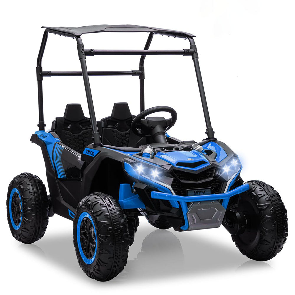 Garvee Ride - P Series: 24V Ride On Utv for Kids, 2 Seater Electric Truck With Sun Shade,4WD Electric Car Toy With Remote Control, Led Lights, 4 Shock Absorbersm,One Click Start, Music Player - Blue