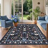 Garvee Floral Washable Rug 4x6 Non-Slip Low Pile Botanical Carpet Vintage Farmhouse Area Rug Dark Blue - Dark Blue