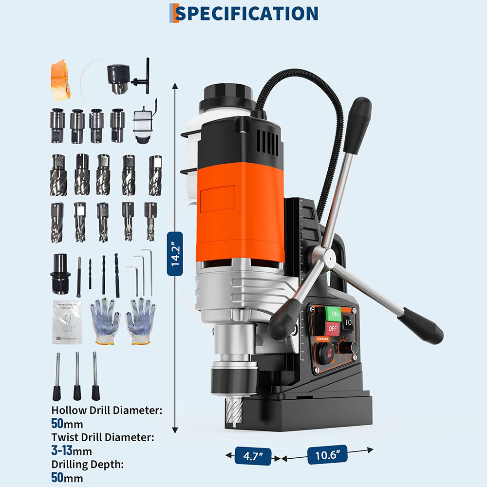 Garvee Mag Drill Press 1850W 2" Boring Diameter Portable Magnetic Drill 810 RPM Variable Speed Reversible with Drill Bits Set