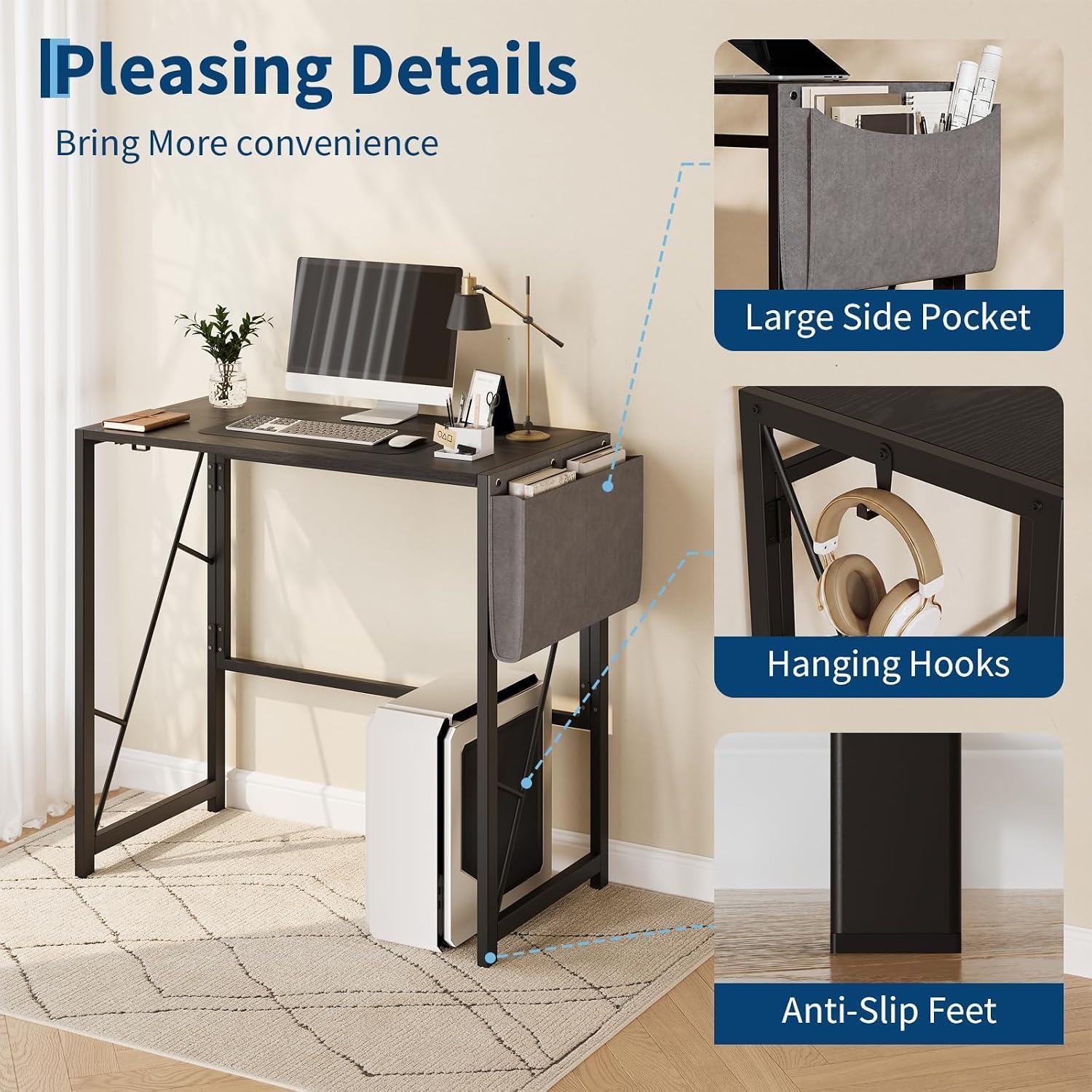 Garvee Folding Computer Desk for Small Spaces, 31.5 in Portable Home Office Writing Desk - Side Storage Pocket - Headphone Hook - Easy-Fold Space-Saving Table - Color: Black