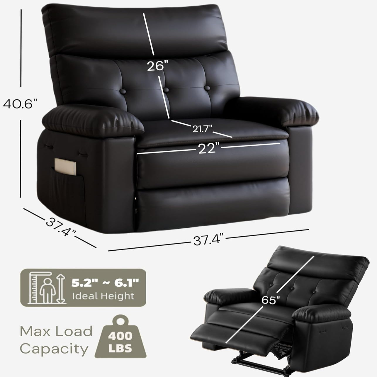 Garvee Recliner Chair for Adults, PU Leather Manual Recliner with Side Pocket, Lazy Chair with 1.5X Sponge Comfort Arm and Back for Living Room, Bedroom, Black