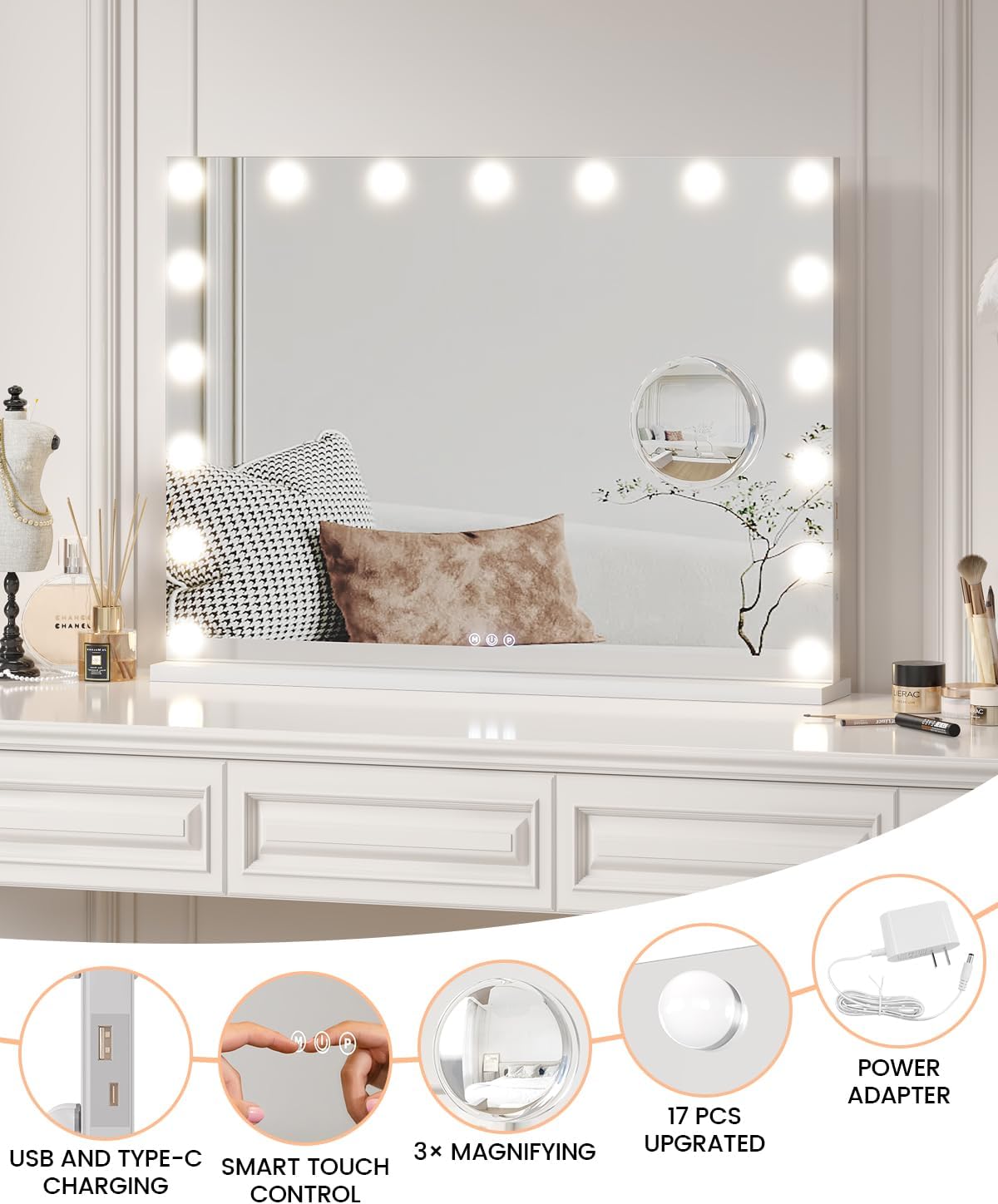 Garvee Vanity Mirror with 17 LED Lights, 3X Magnification, 3 Color Modes (3000K-6000K), USB Type-C Charging, 32x24 Metal Frame, White