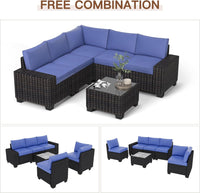 Garvee 6-Piece Outdoor Patio Sofa Set – All-Weather PE Rattan Wicker – Modular Conversation Furniture with Thick Cushions & Coffee Table – Garden, Poolside, Balcony, Coffee & Blue