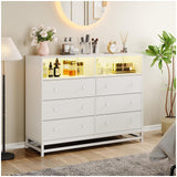 Garvee Wide Dresser for Bedroom with Charging Station, 6 Drawer Dresser with LED Lights, Modern Large Capacity Storage Cabinet, Closet,White - White