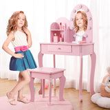 Garvee Kids Vanity with Light, Pink Girls Vanity Set with Mirror, Stool Drawer and Pretend Makeup Playset, Wooden Princess Makeup Desk Dressing Table, Toddler Vanity (Batteries Not Included) - Pink