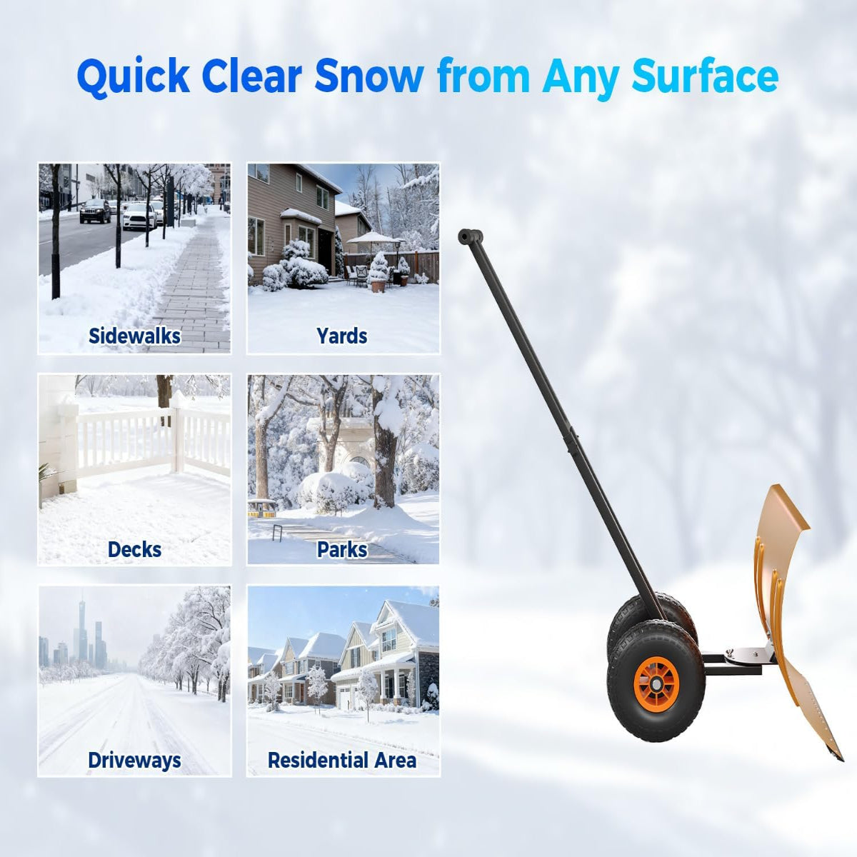 Garvee 29" Snow Pusher Shovel with Wheels - Heavy Duty Steel, 5-Position Adjustable Blade, Ergonomic Handle, Anti-Skid Wheels, Powder-Coated, Orange, for Driveway & Sidewalk
