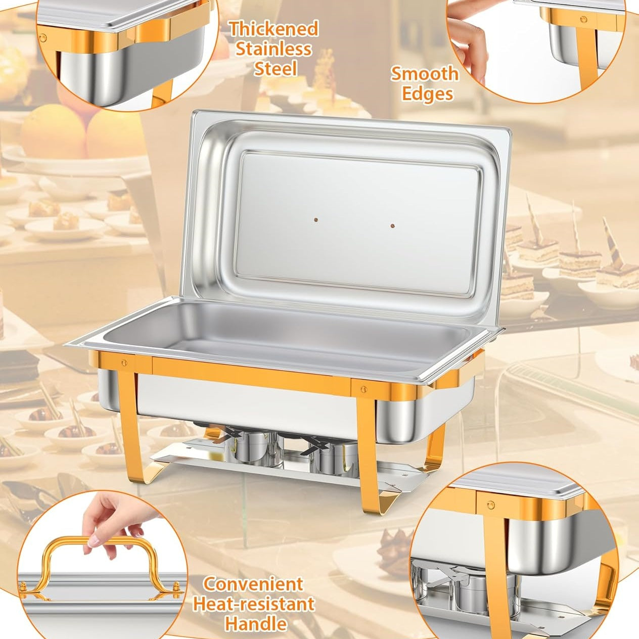 Garvee 8QT Stainless Steel Chafing Dish Buffet Set (2-Pack) - Foldable Food Warmers with Lids & Fuel Cans for Weddings, Catering, and Parties (Gold)
