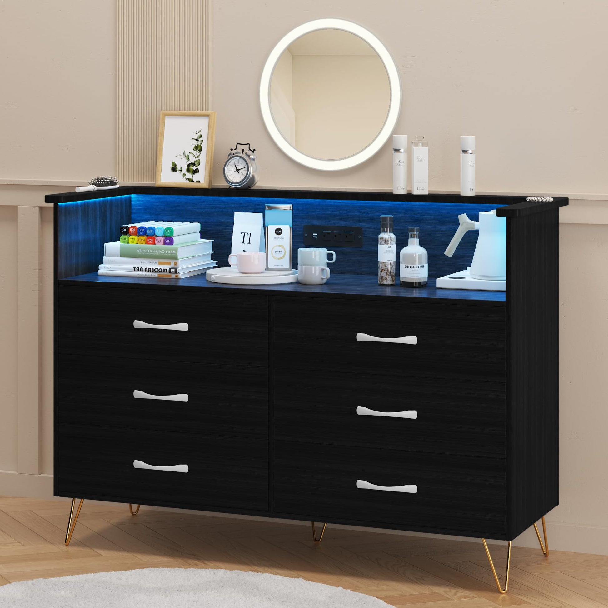 Garvee Black Dresser with LED Light, 6 Drawers, Wooden, Charging Station, Modern Design, Bedroom, Hallway, TV Stand Garvee Black Dresser with LED Light, 6 Drawers, Wooden, Charging Station, Modern Design, Bedroom, Hallway, TV Stand