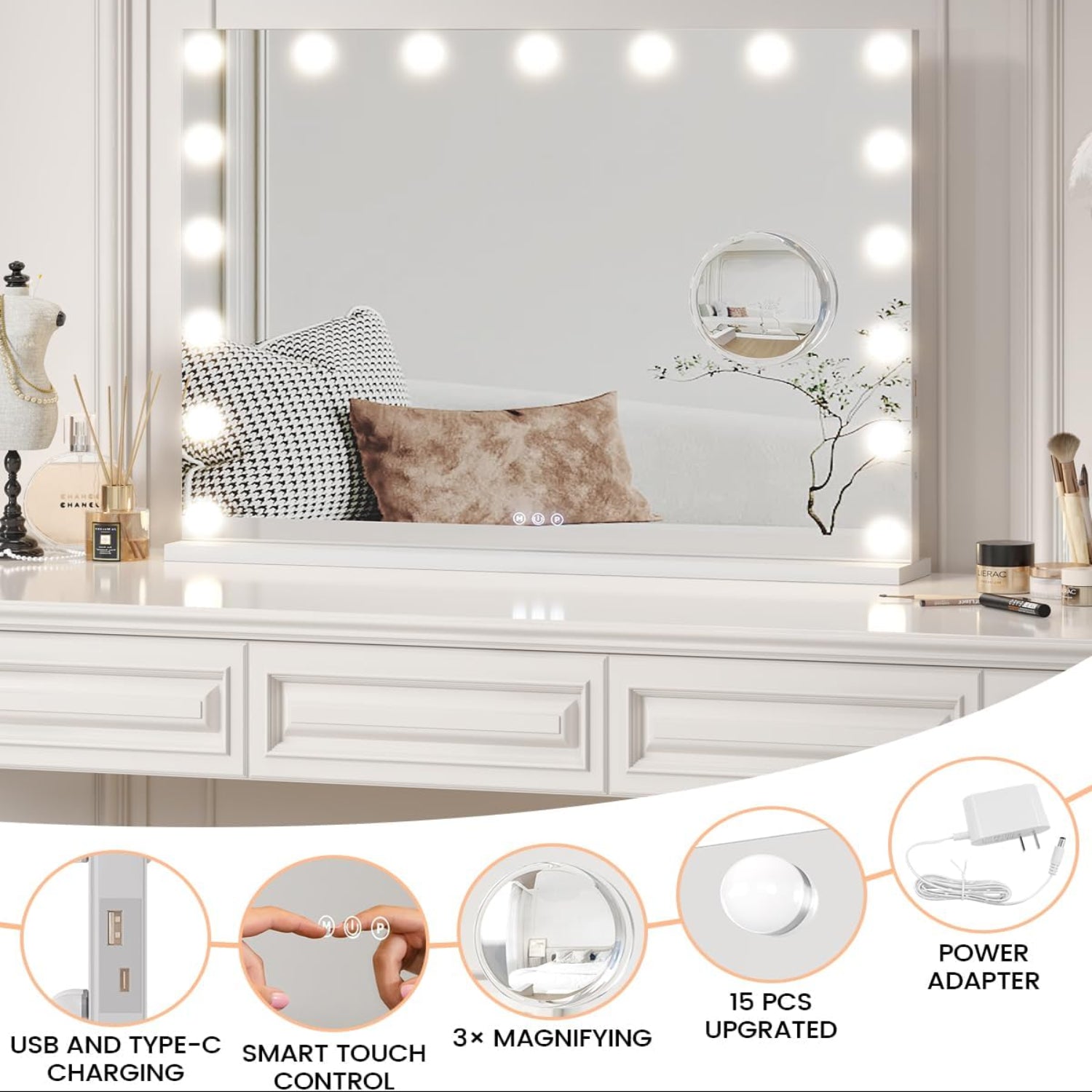 Garvee Vanity Mirror with 17 Dimmable LED Bulbs, Tabletop Lighted Mirror with Lights, Makeup Mirror with 3X Magnification, 3 Colors Modes,Touch Control, USB Charging Port, 32”x24”, White
