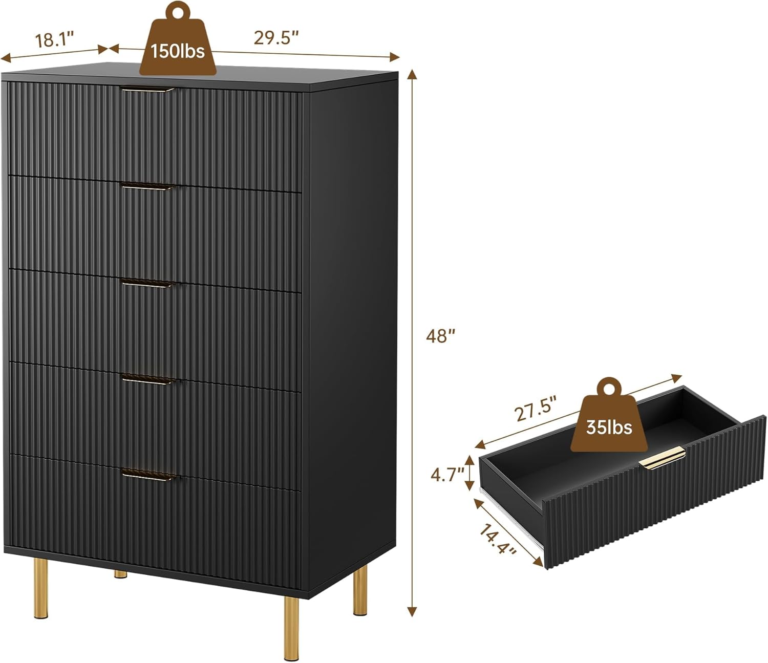 Garvee 5 Drawers Dresser for Bedroom, Fluted Dresser Chest of Drawers with Handle, Wood Modern Dressers for Closet, Bedroom Furniture Storage Organizer for Living Room, Hallway, Black