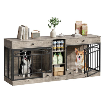 Garvee Dog Crate Furniture for 2 Dogs, 78.7" Large Dog Kennel Indoor with 2 Storage Drawers, 3 Shelves and Feeding Bowls, Double Dog Crate TV Stand for Small and Medium Dogs, Gray
