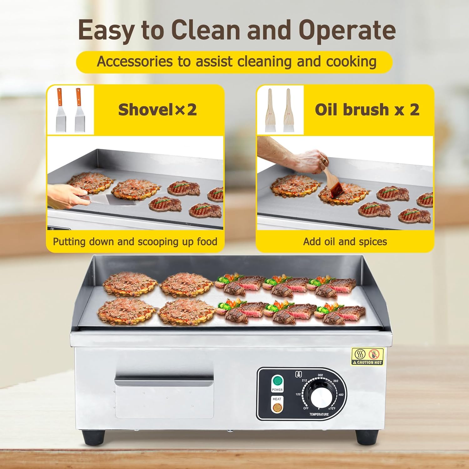 Garvee 22-Inch Commercial Electric Grill 1600W Non-Stick Stainless Steel Adjustable Temp 122°F-572°F for Home & Restaurant(WITH PLUG)