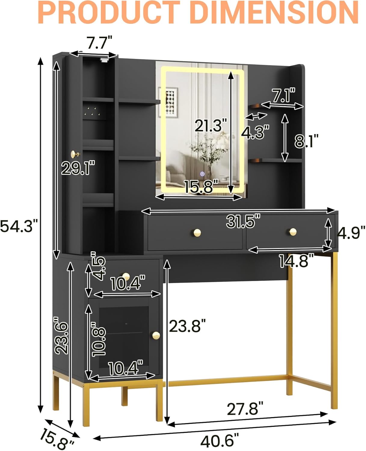 Garvee Vanity Desk with Light & Mirror, Vanity Table with Charging Station & Cabinet
