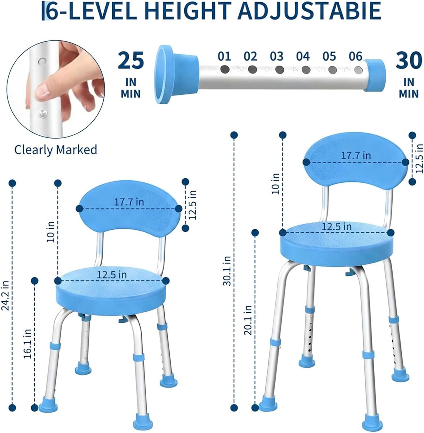 Garvee 360° Swivel Shower Chair with Backrest, Non-Slip Bathtub Chair, Height Adjustable Bath Seat for Elderly, Seniors and Disabled, Compact Shower Bench for Inside Tub or Shower, Blue