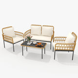 Garvee 4-Piece Outdoor Wicker Patio Bistro Set All-Weather Rattan with Glass Top Coffee Table, Loveseat & 2 Armchairs, Cushions Included, BeigeTable & Loveseat & 2 Armchairs Chairs Cushions,Boho Balcony Furniture for Backyard, Garden,Beige - Beige