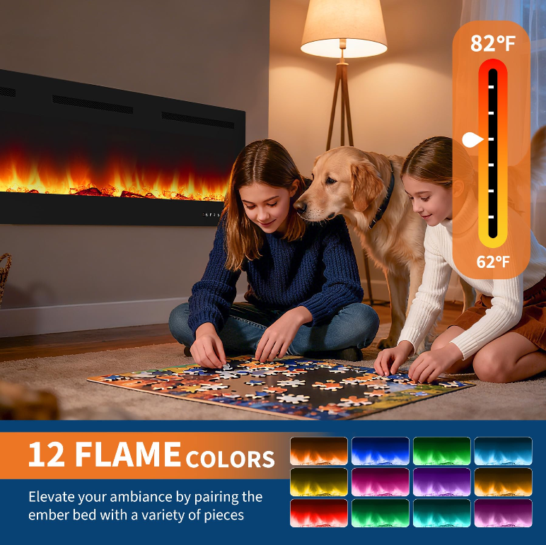 Garvee 60 Inch Wall Mounted & Recessed Electric Fireplace, Ultra-Thin 4.2", 750/1500W Heater, 12 Flame Colors, Log & Crystal Decor, Remote, Timer, Heats 400 sq ft, Living Room