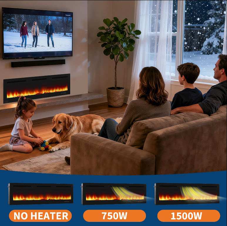 Garvee 60 Inch Wall Mounted & Recessed Electric Fireplace, Ultra-Thin 4.2", 750/1500W Heater, 12 Flame Colors, Log & Crystal Decor, Remote, Timer, Heats 400 sq ft, Living Room