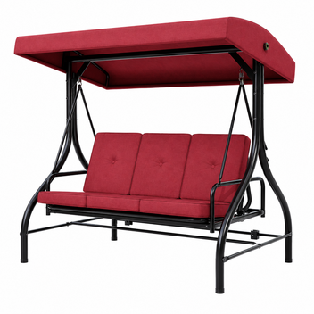 Garvee 3-Seat Outdoor Porch Swing with Adjustable Canopy, 800 lb Heavy-Duty Steel Frame, 180° Reclining Patio Swing Bed with Cushions, Pillows & Cup Trays, Red