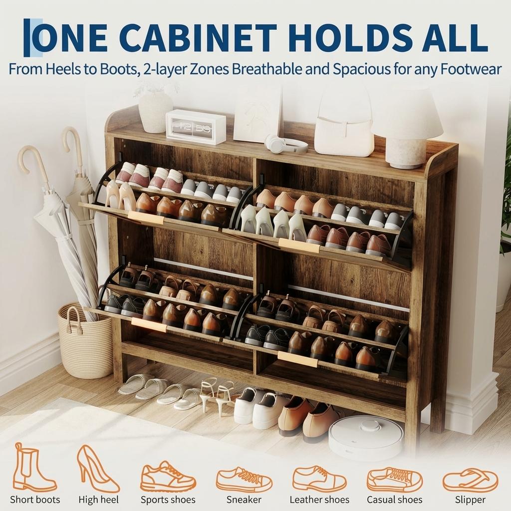 Garvee Rattan Shoe Storage Cabinet with 4 Flip Drawers Adjustable Shelves for 40 Pair Shoes Brown Boho Entryway Hallway 47 Inch