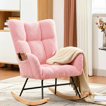Garvee Nursery Rocking Chair, 300Lb Glider Chair with Wood Legs/Two Side Pockets, Teddy Upholstered Glider Rocker with Padded Seat High Backrest for Living Room/Bedroom, Pink