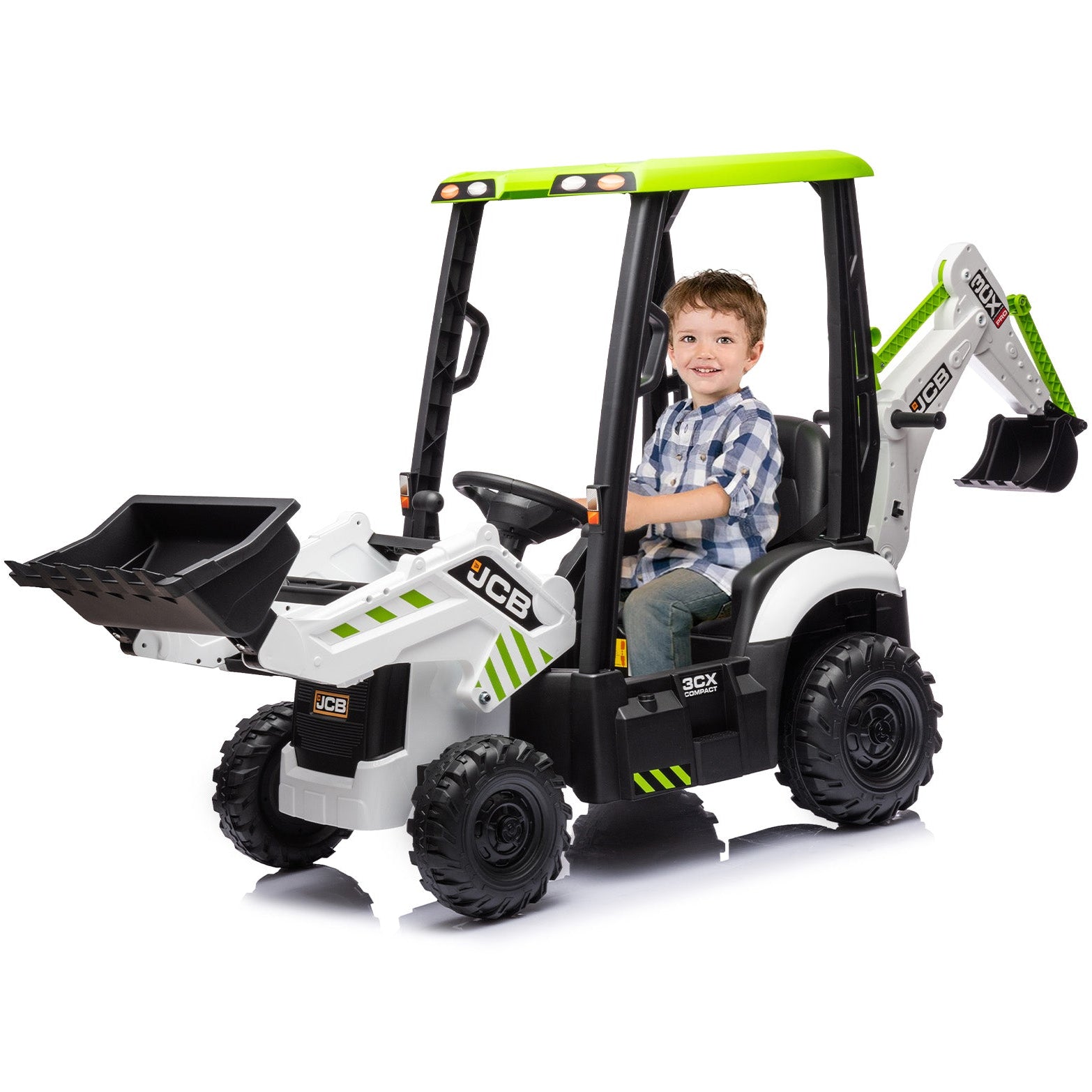 Garvee Ride - P Series: 4-in-1 Ride-On Tractor for Kids: Excavator, Bulldozer, Removable Tent, 12V Battery, Remote Control, Front Loader, Horn, EVA Tires - White