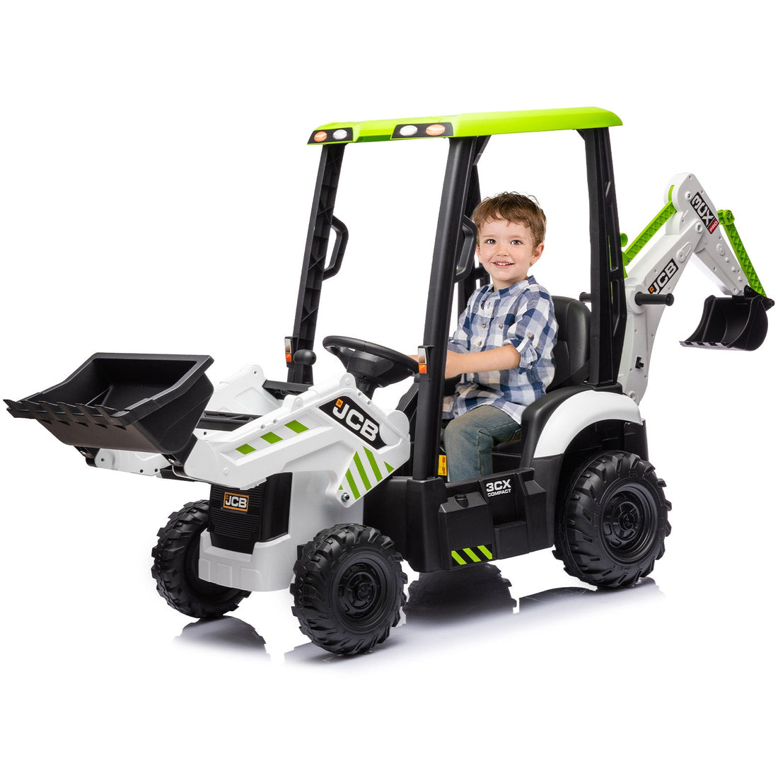 Garvee Ride - P Series: 4-in-1 Ride-On Tractor for Kids: Excavator, Bulldozer, Removable Tent, 12V Battery, Remote Control, Front Loader, Horn, EVA Tires - White