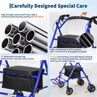 Garvee Lightweight 2-in-1 Rollator Walker & Wheelchair for Adults & Seniors, Adjustable Height, Carbon Steel Frame, 6" Wheels, Underseat Storage, Portable Mobility Aid, Blue
