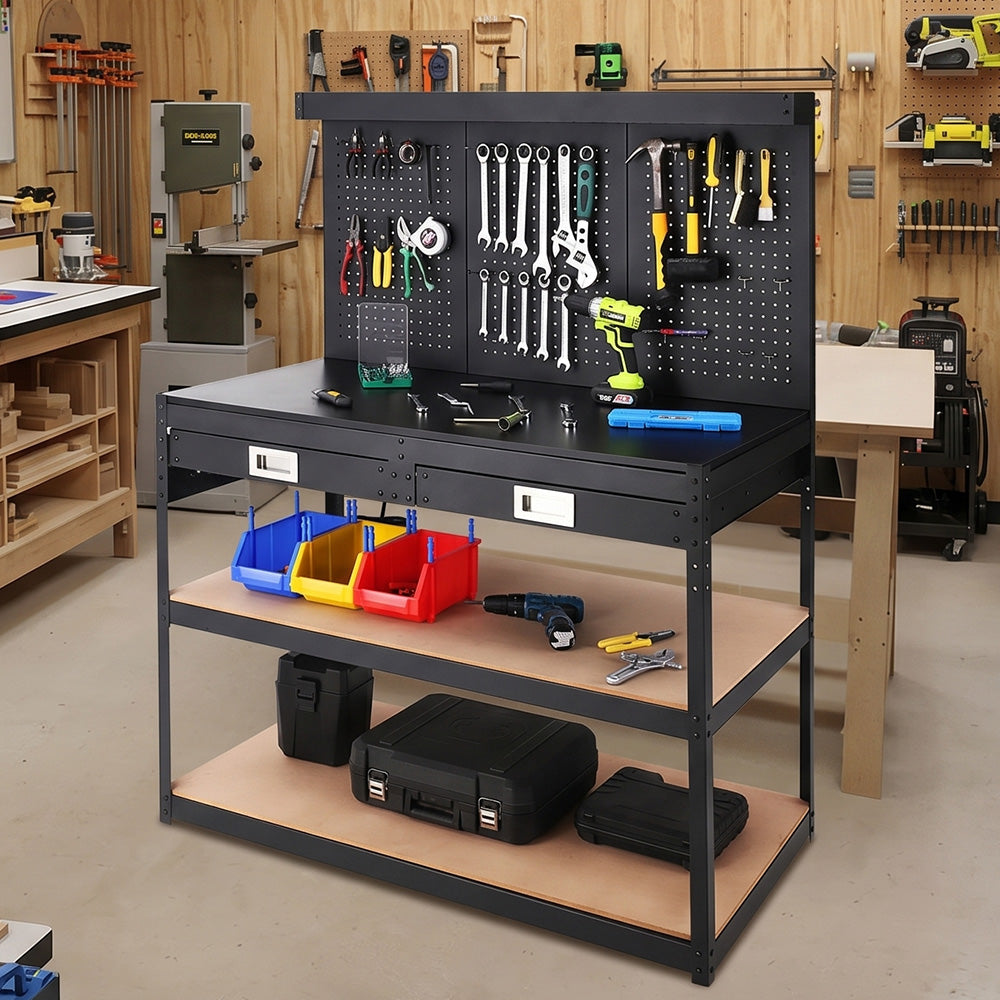 Garvee 48x22 Inch Workbench, Heavy Duty Steel Tool Workbench with 2 Drawers and 2 Storage Shelves, Multifunctional Work Table with Pegboard and Wheels for Garage, Workshop, Basement