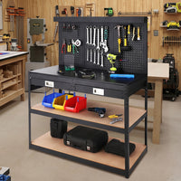 Garvee 48x22 Inch Workbench, Heavy Duty Steel Tool Workbench with 2 Drawers and 2 Storage Shelves, Multifunctional Work Table with Pegboard and Wheels for Garage, Workshop, Basement