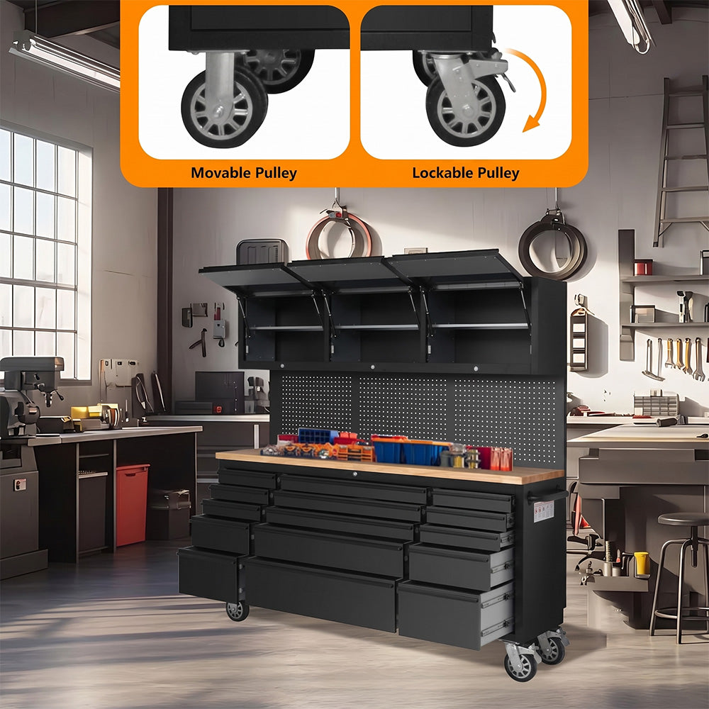 Garvee 15-Drawer Large Rolling Tool Chest, 72" x 20" Mobile Tool Storage Cabinet with 3 Up Top Cabinet & Pegboard, Wheels, Garage Tool Box Organizer with Anti-Slip Liner for Warehouse, Repair Shop