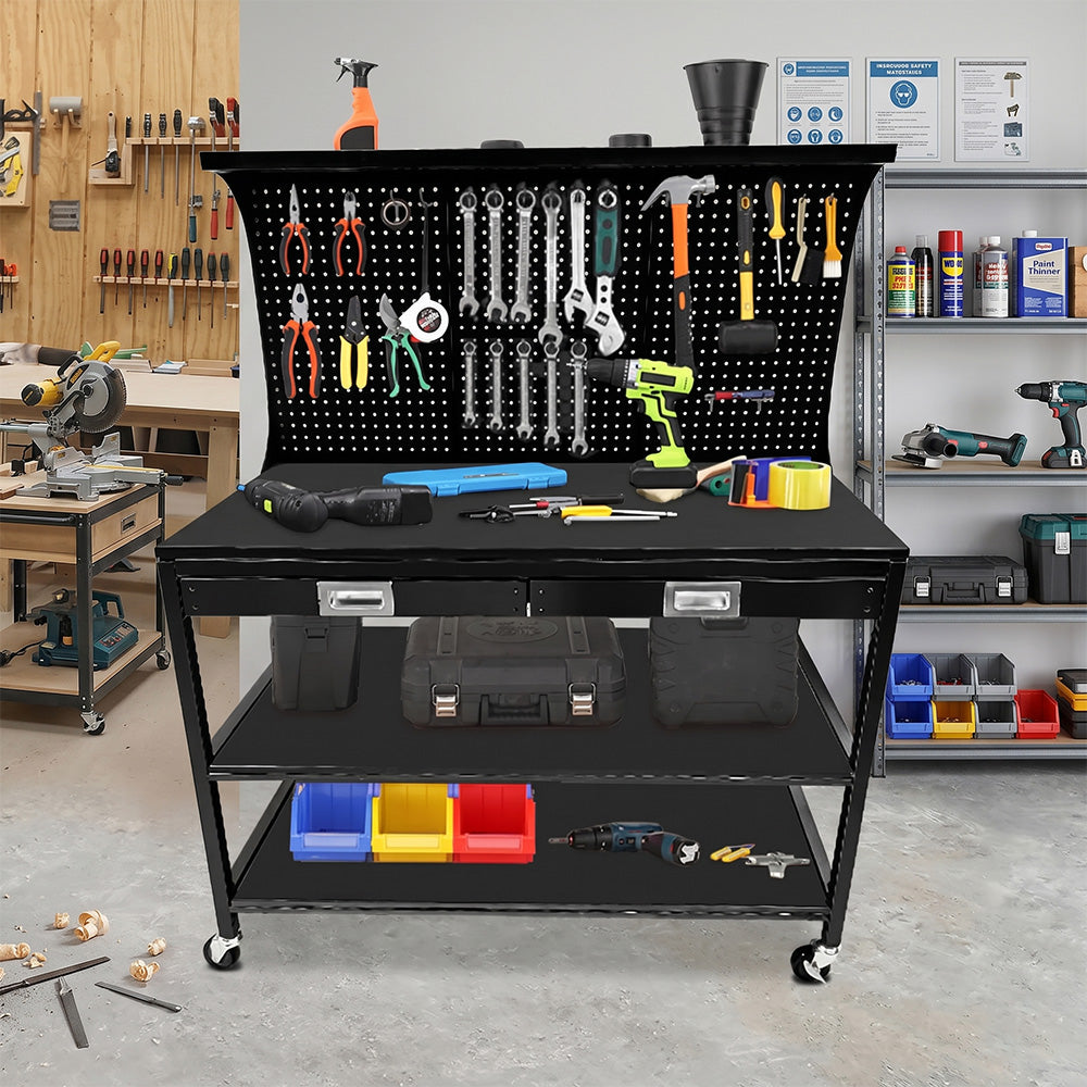 Garvee 48x22 Inch Workbench, Heavy Duty Steel Tool Workbench with 2 Drawers and 2 Storage Shelves, Multifunctional Work Table with Pegboard and Wheels for Garage, Workshop, Basement