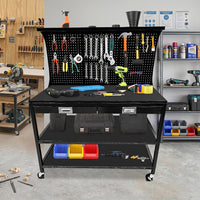 Garvee 48x22 Inch Workbench, Heavy Duty Steel Tool Workbench with 2 Drawers and 2 Storage Shelves, Multifunctional Work Table with Pegboard and Wheels for Garage, Workshop, Basement