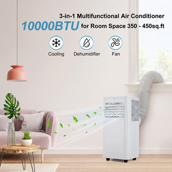 Garvee 10000 BTU Portable Air Conditioner, 3-In-1 AC Unit with Cooling, Dehumidifier & Fan, for Rooms Up to 450 Sq.Ft, Includes LCD Display & Remote Control, for Bedroom, Office, Dorm, White