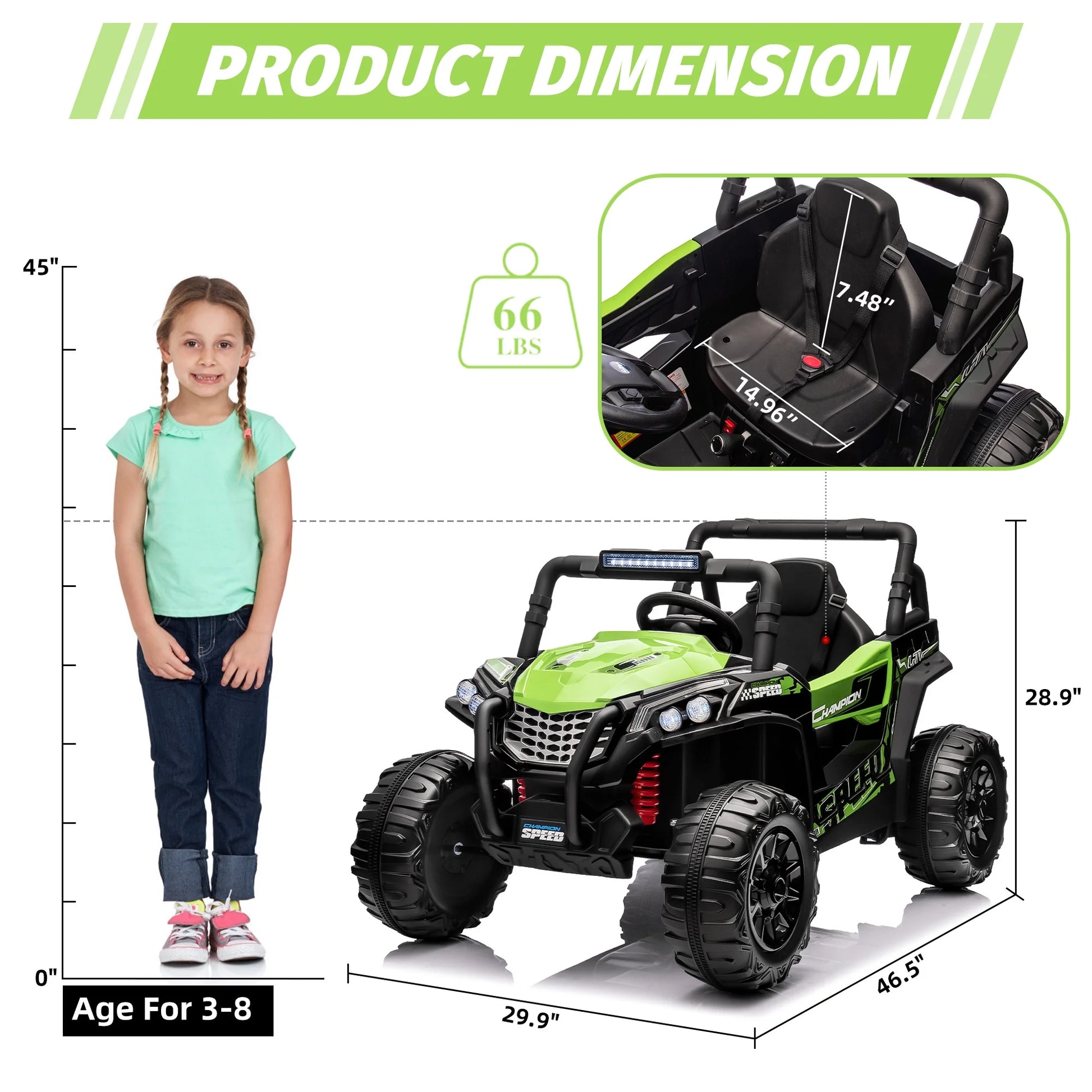 Garvee Ride - P Series: 12V Toy Electric Truck Utv with Large Wide Seat and Remote Control, Led Lights, Wireless Connection, Music, 2 Spring Suspension for 3-8 Boys & Girls