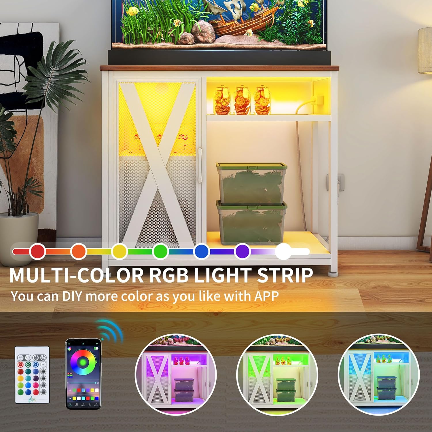 Garvee 40-50 Gallon Aquarium Stand, Fish Tank Stand with Power Outlets, Aquarium Cabinet for Fish Tank,Metal Fish Tank Stand with Storage Suitable for Turtle Tank, Reptile Terrarium, 660LBS Capacity, White