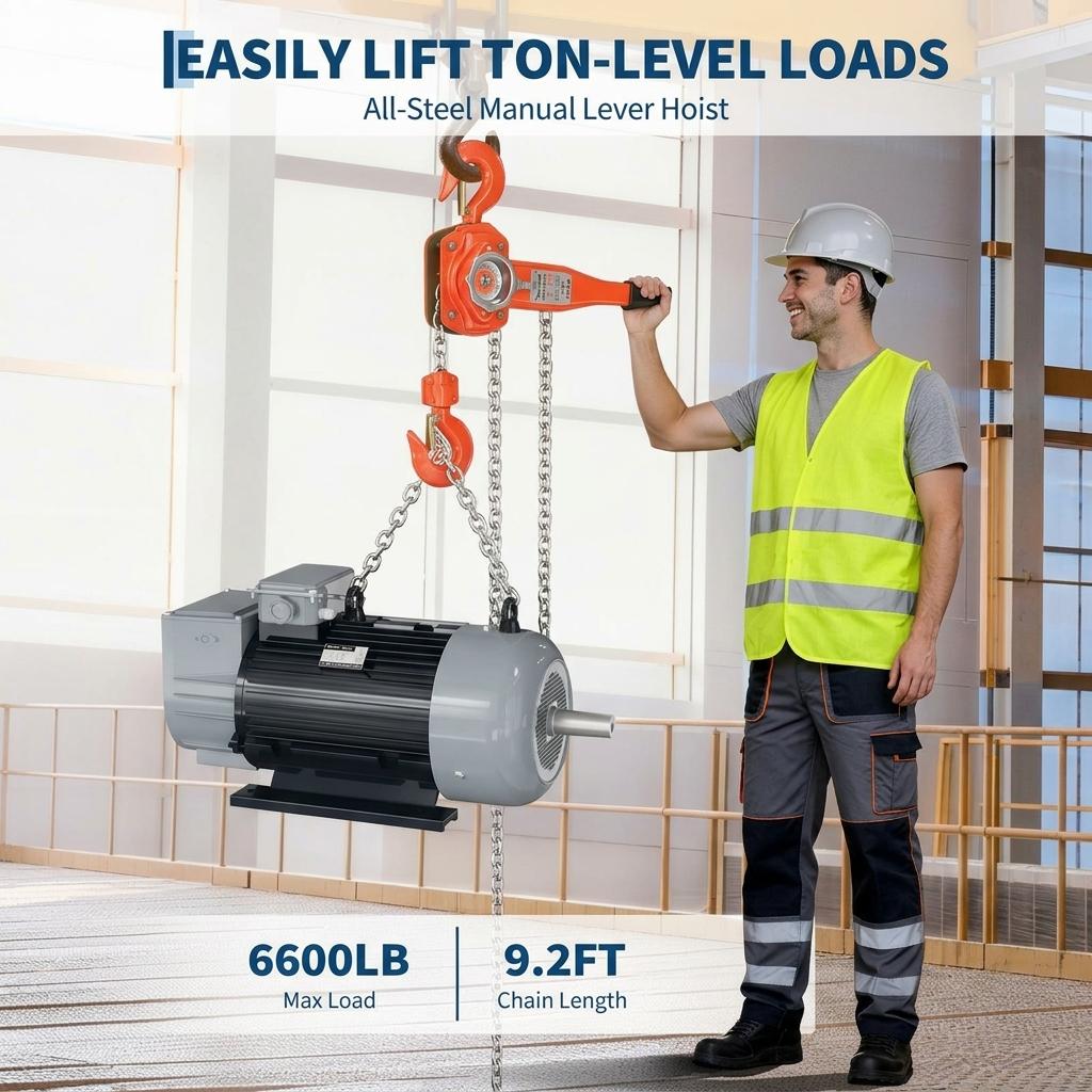 Garvee Manual Lever Chain Hoist 3 Ton G80 Galvanized Steel Chain Weston Double Pawl Brake 360° Swivel Hook Compact Design for Garage Factory Dock