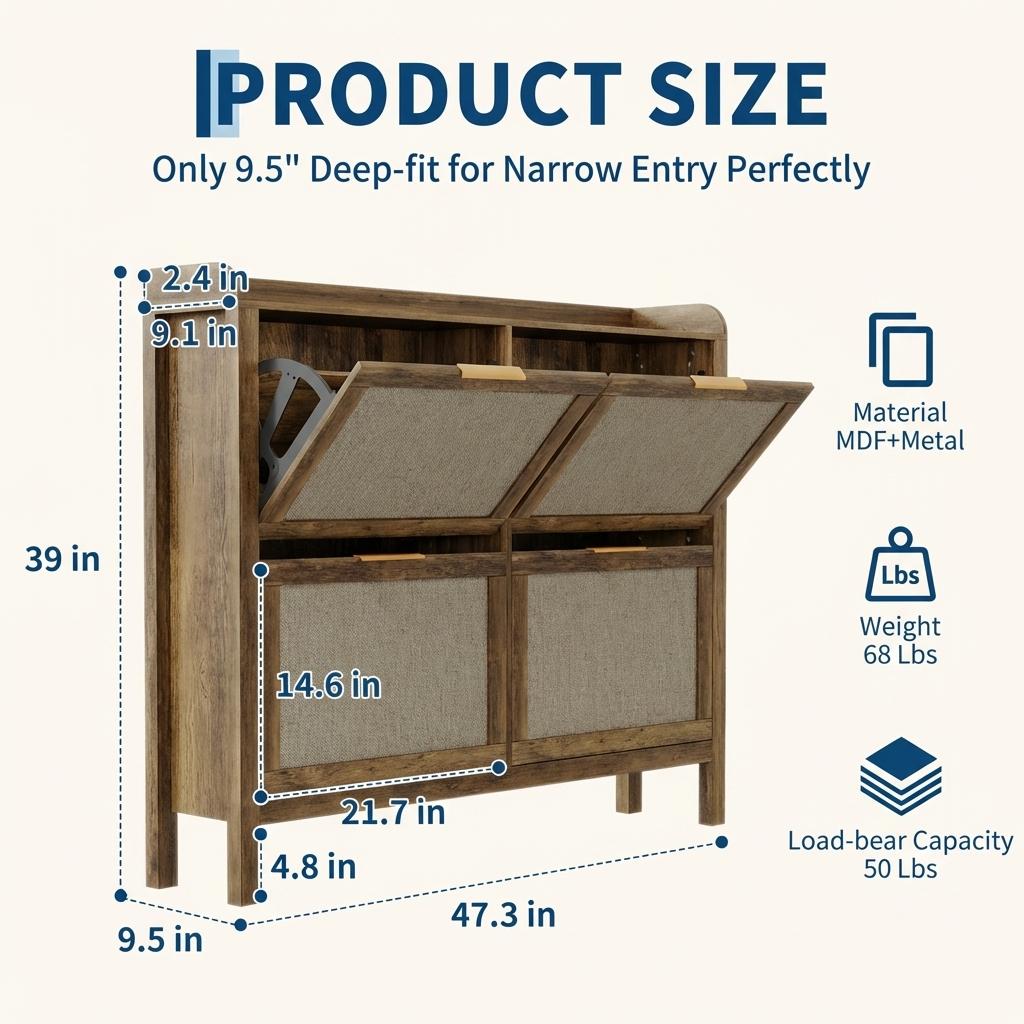 Garvee Rattan Shoe Storage Cabinet with 4 Flip Drawers Adjustable Shelves for 40 Pair Shoes Brown Boho Entryway Hallway 47 Inch