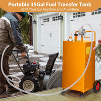 Garvee 35-Gallon Fuel Caddy Heavy-Duty Stainless Steel Fuel Tank with Manual Transfer Pump 4-Wheel Mobile Design for Gasoline and Diesel for Cars Trucks Boats Lawn Mowers, Yellow